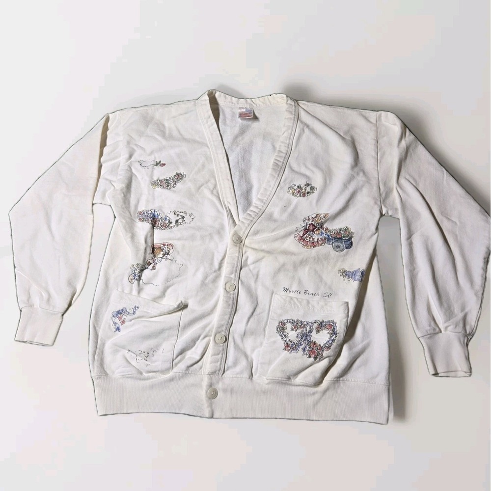 Vintage Grandma Sweater Womens Large Cardigan White Floral Farm Myrtle Beach 90s